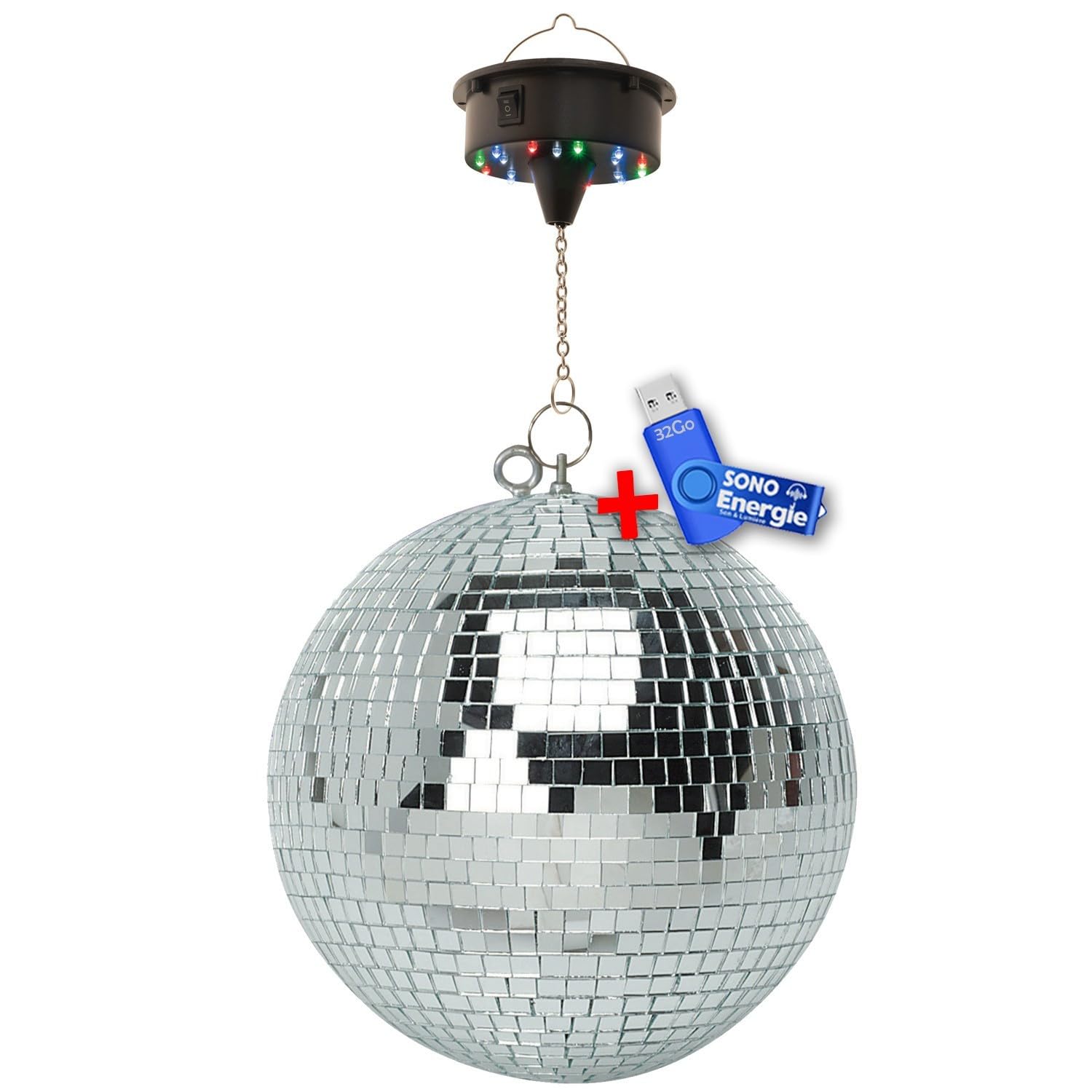 Boule à Facettes Argentée 50cm FXLab avec Deux Points de Suspension + Moteur de Boule LED à Batterie FXLAB+Clé USB 32G