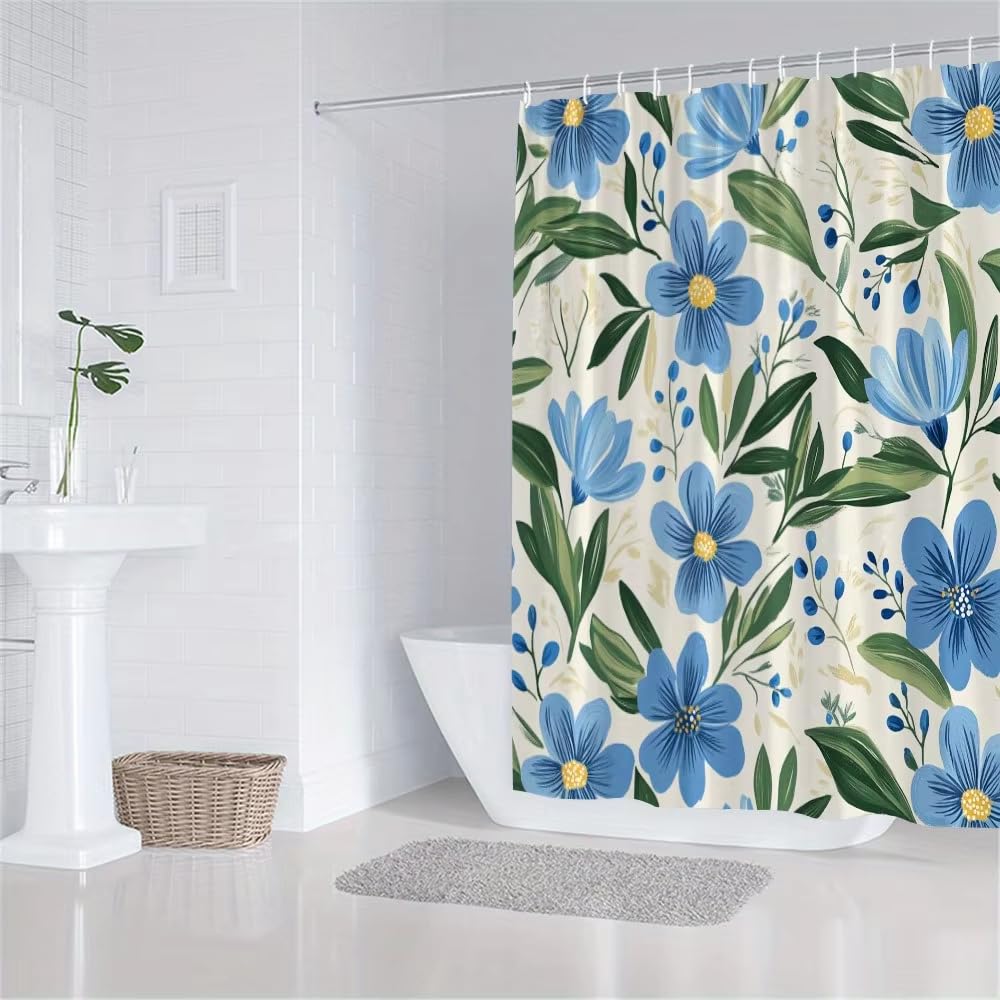 Duschvorhang mit blauem Aquarell-Blumenmuster und Neujahrsmotiv, wasserdichtes Polyestergewebe, Badezimmervorhang mit Haken (230 x 220 cm/B x H)