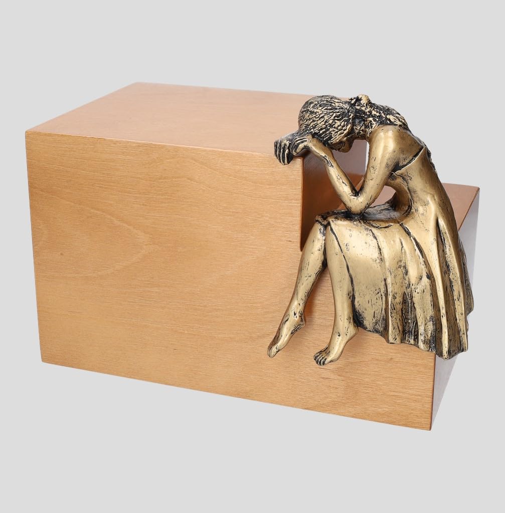 Modern ashes casket Unique Memorial Cremation Urn Artistic Sculpture urn GRIEF (Bronze Plated/Light Walnut)