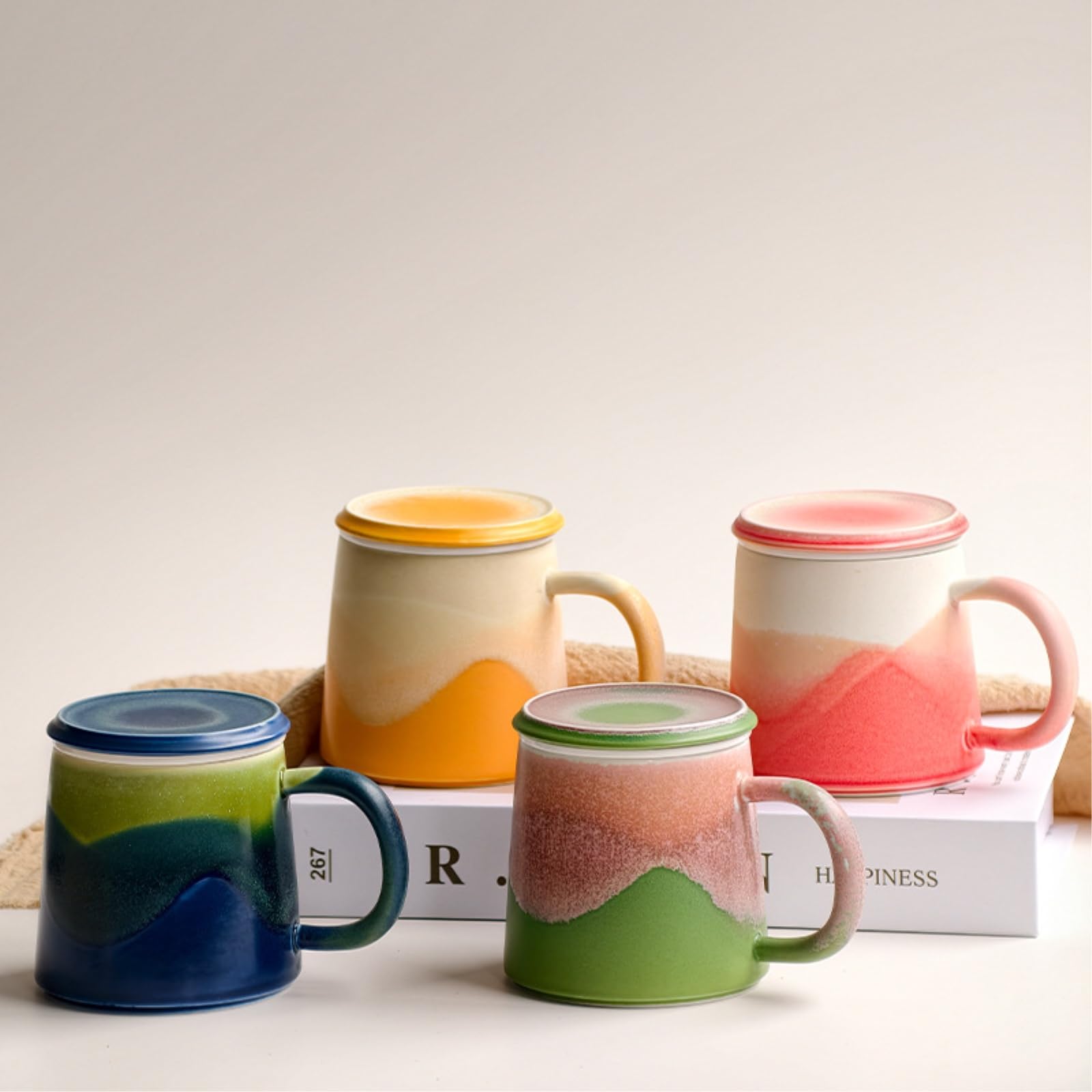 HJDMO - Taza de cerámica con tapa y colador, 350 ml, taza infusora de té azul degradado para té de hojas sueltas, taza de café grande para oficina y hogar, regalo único para ella