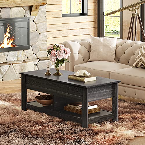 Image of WLIVE Modern Lift Top Coffee Table,Rustic Coffee Table with Storage Shelf and Hidden Compartment,Wood Lift Tabletop for Home Living Room,Black