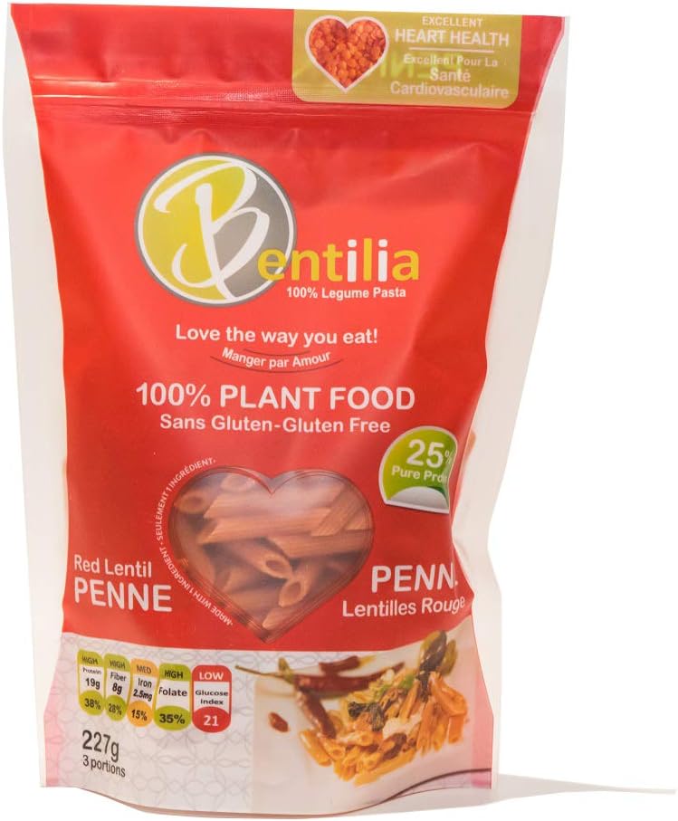BENTILIA | Gluten Free Red Lentil Pasta | Allergen Free Low Glycemic Index, High Protein, High Fiber Legume Pasta | Red Lentil Penne, Non-GMO, 100% Natural Healthy Pasta | 0.5 Pound (Pack of 12) |