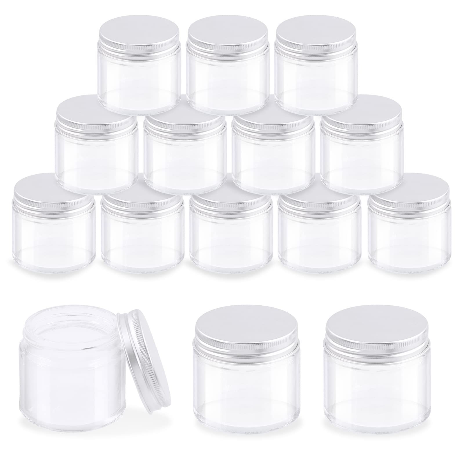 Glarks 15 Pack 2oz Glass Jars with Lids, Round Clear Glass Jars with Inner Liner and Silver Lids for Storing Creams, Beauty Products, Cosmetic and