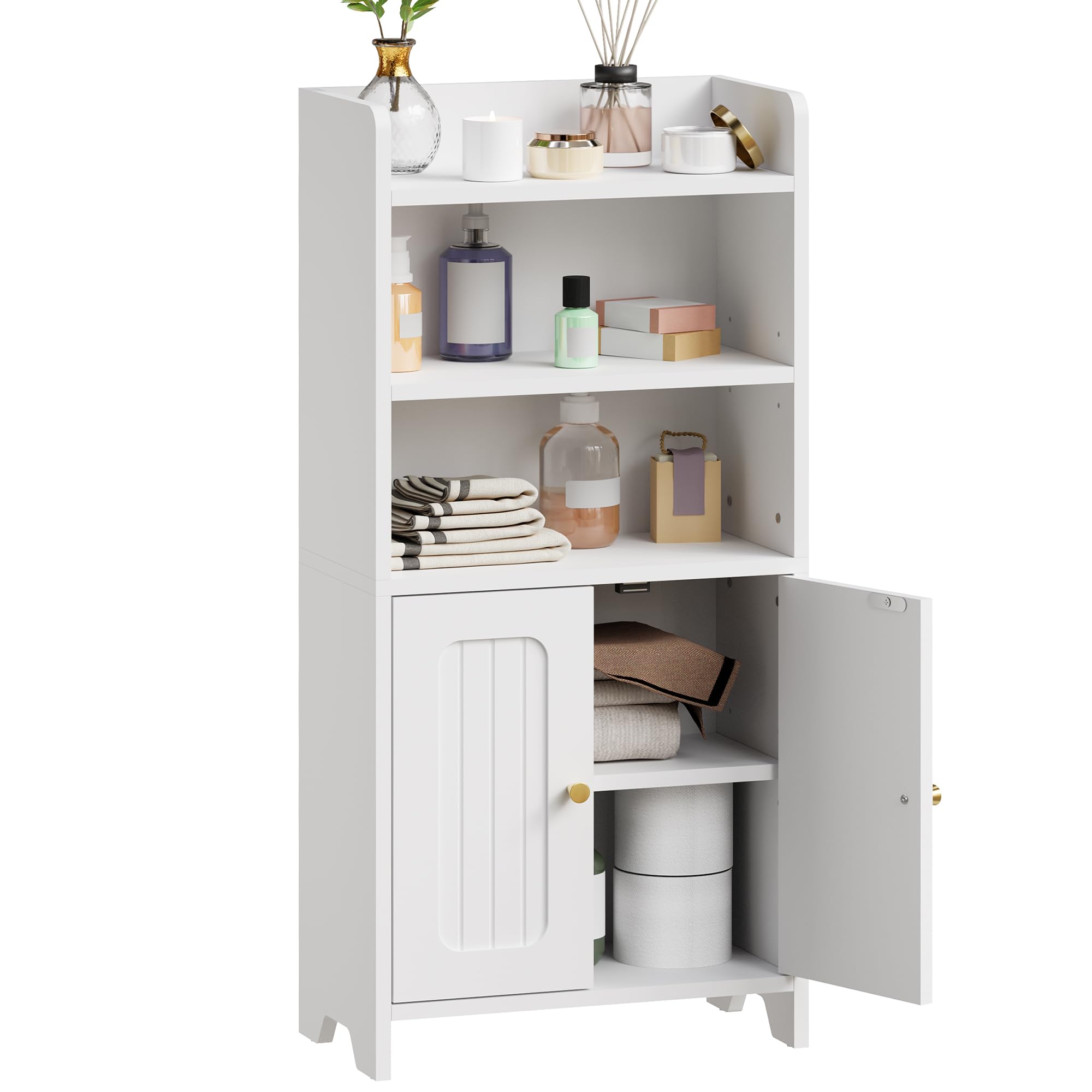 BEWISHOME Badezimmerschrank, Kleiner Standschrank, Toilettenpapierhalter mit 2 Türen und Einlegeböden, Badezimmer Schrank für kleine Räume, weiß, 20 x 37 x 80 cm, EYYG08W