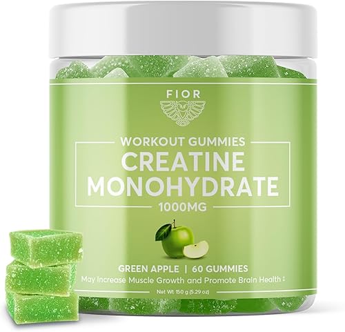 FIOR Gomitas de creatina El mejor monohidrato de creatina masticable, 60 unidades, suplemento de entrenamiento y proteínas, mejora cognitiva, sabor