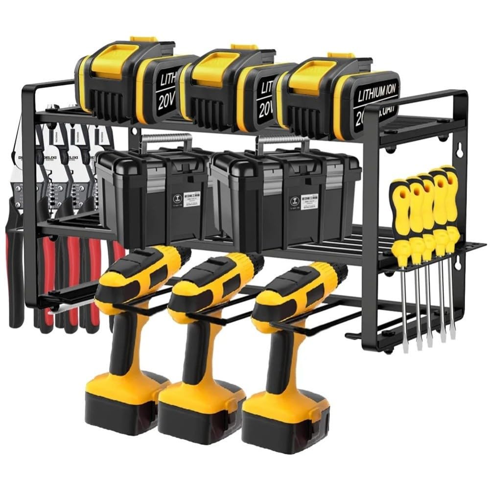FACAIIO Scaffalatura a parete a 3 strati per utensili elettrici con cassetta degli attrezzi e porta batterie, garage e officina
