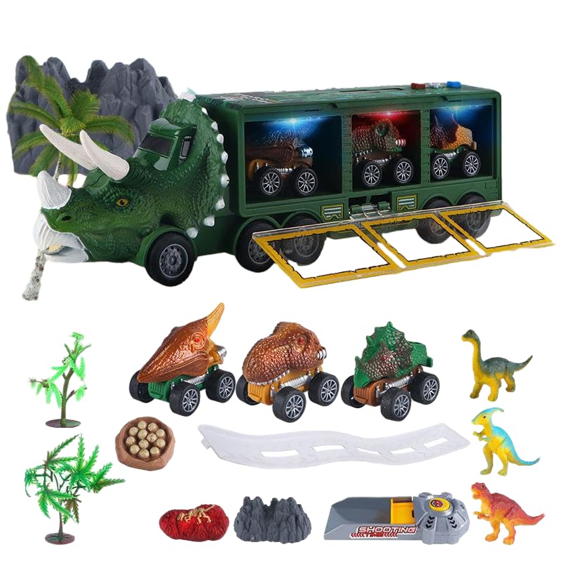 HALAYAYA Dinosaur Toy For Boys Dinosaur Toys Truck With Dinosaur Cars Set with Lights, Music, Roaring Sound, Dinosaur Car Launcher Track for Kids Age 3 4 5 6 7 8 Year Old (green)