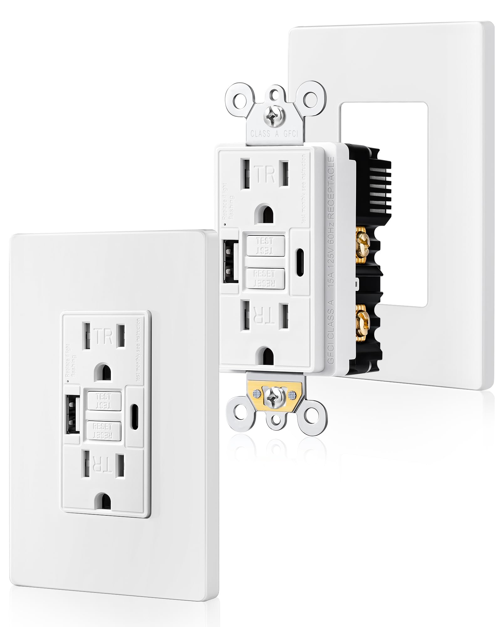 suraielec 15 amp gfci outlet with usb-c & usb-a ports, self-test gfci electrical outlet combination with usb, tamper-resistant gfci outlet, screwless wall plate included, etl listed, white,2-pack