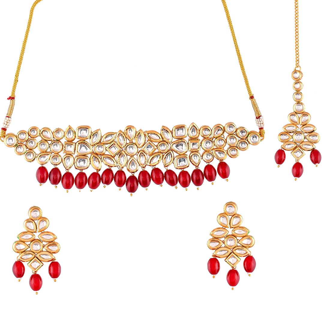 voylla Kundan Elegance Red Beads And Faux Kundan Opulent Maang Tika Set For Women|Jewellery Set For Women|Womens Gift|Gift For Her|-picture-13