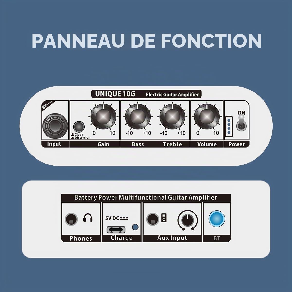 COOLMUSIC Unique 10G 10W Amplificateur de guitare électrique rechargeable sans fil avec Bluetooth 5.0, effets de distorsion, ampli d'entraînement portable pour la maison et la fête musicale