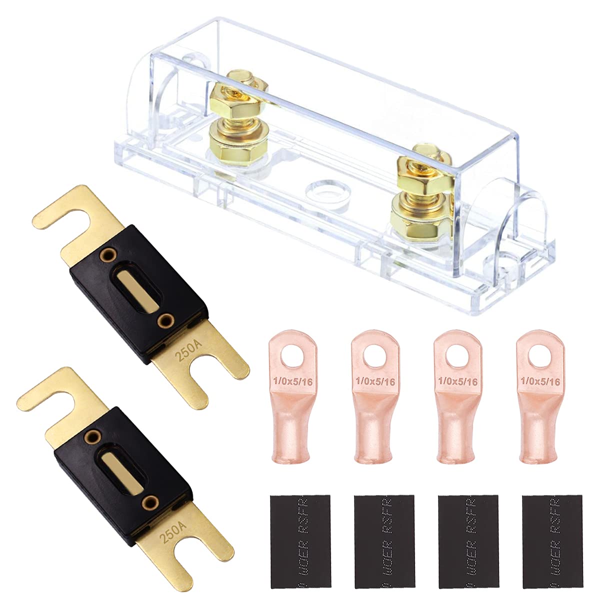 Tnisesm ANL Fuse Holder, 2 Pcs 250A Fuses, 4Pcs 1/0 AWG Cable Ring Terminal Lugs 5/16', 4 Pcs Heat shrinkable Tube with Diameter of 14mm Compatible for Car Audio Amplifier