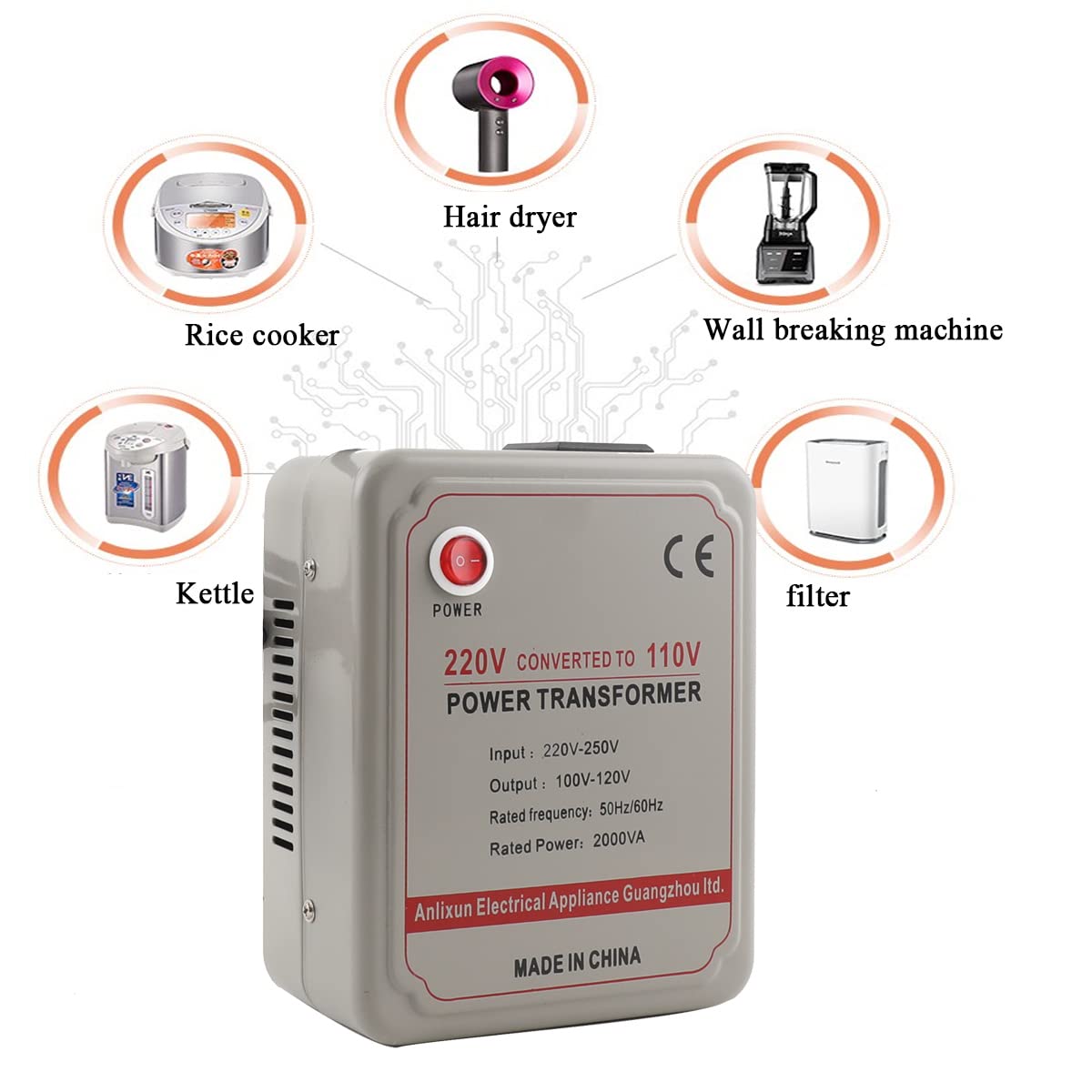 Convertitore di Tensione Step-Down da 2000 VA, 220‑250V verso 100‑120V Trasformatore di Tensione Viaggio, Convertitore Adattatore Dispositivi Elettrici Applicabili per Stati Uniti, Giappone