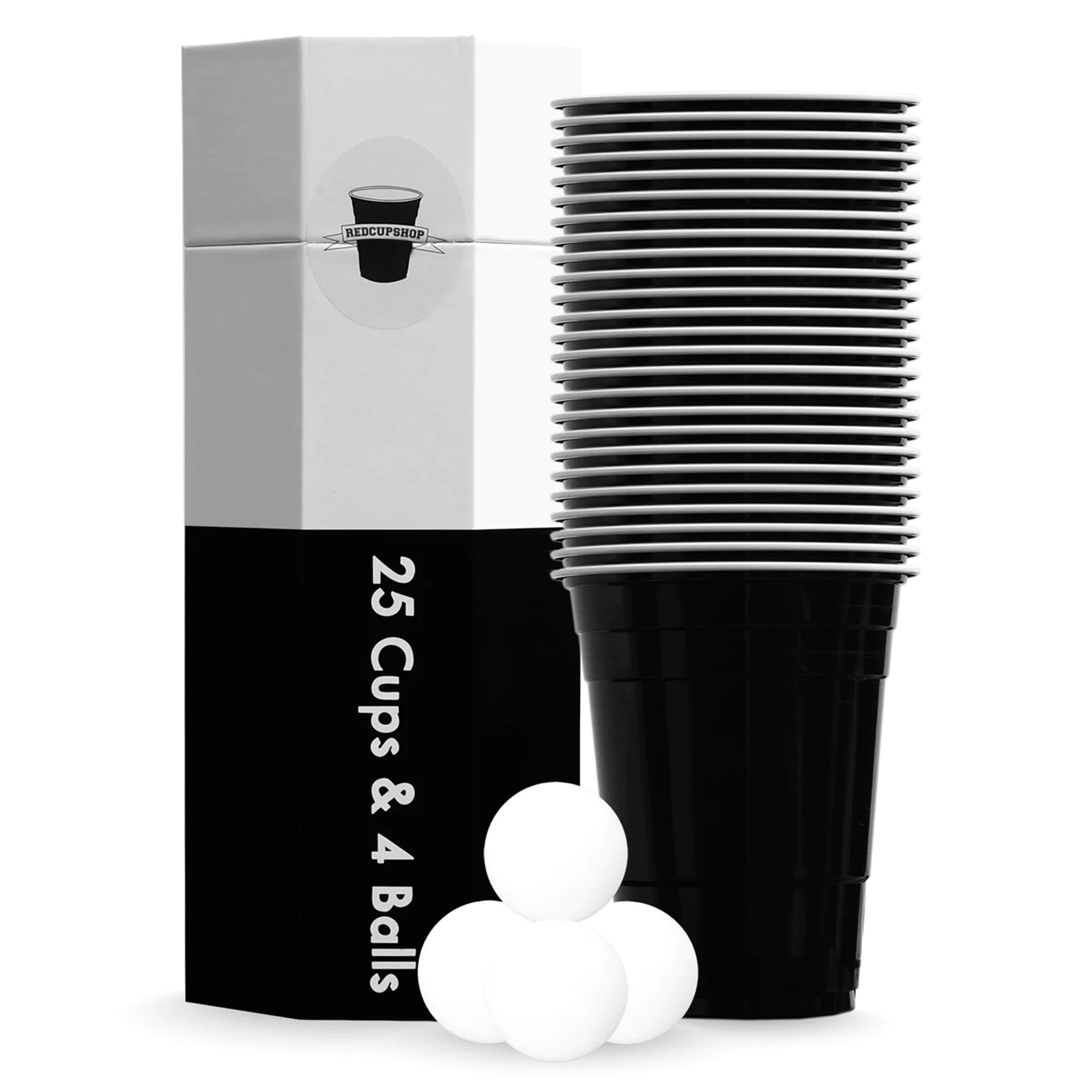 RedCupShop® Bierpong Becher Set | 25 Cups & 4 Bälle | Spülmaschinenfest & Wiederverwendbar | 473ml/16oz Partybecher (25x Schwarz)
