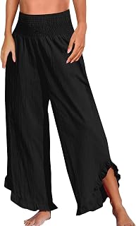 Pantalones de mujer con cintura elástica y pierna ancha y dobladillo con volantes, pantalones de cintura smoked para mujer, pantalones con dobladillo irregular con volantes
