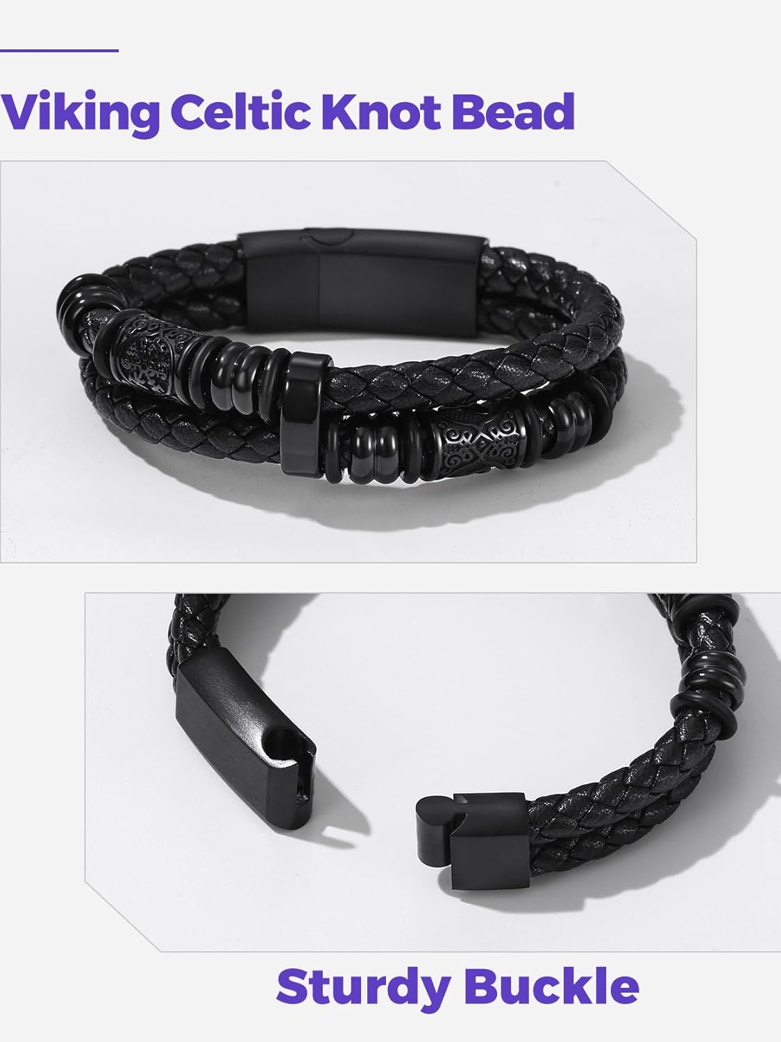 Richsteel Leather Bracelet for Men Double-Row Braided Leather Bracelet Bangle Wristband with Stainless Steel Compass & Celtic Beaded Christmas Birthday Thanksgiving Day Gifts - Image 5