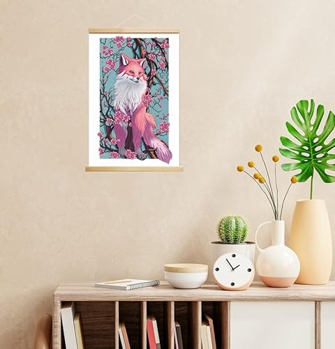 Miniatura 5 de MINI ZOZI Arte de pared japonés de 16 x 24 pulgadas, lienzo de zorro rosa, decoración de Sakura, póster de pared Kawaii, marco de madera, decoración
