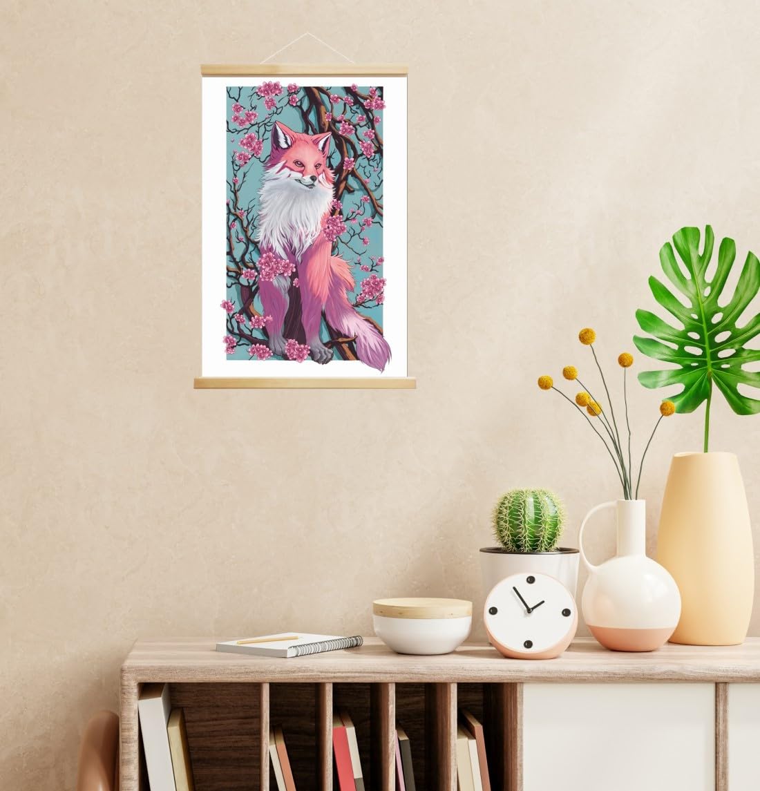 MINI ZOZI Japanese Wall Art 16X24 Canvas Pink Fox Sakura Decor