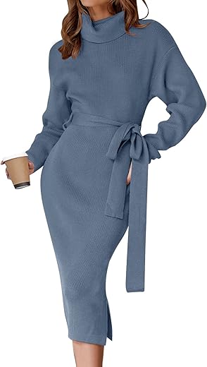 ZESICA Women's Turtleneck Sweater Midi Dress Long Sleeve Ribbed Knit Bodycon Slit Dress with Belt,Dustyblue,Small