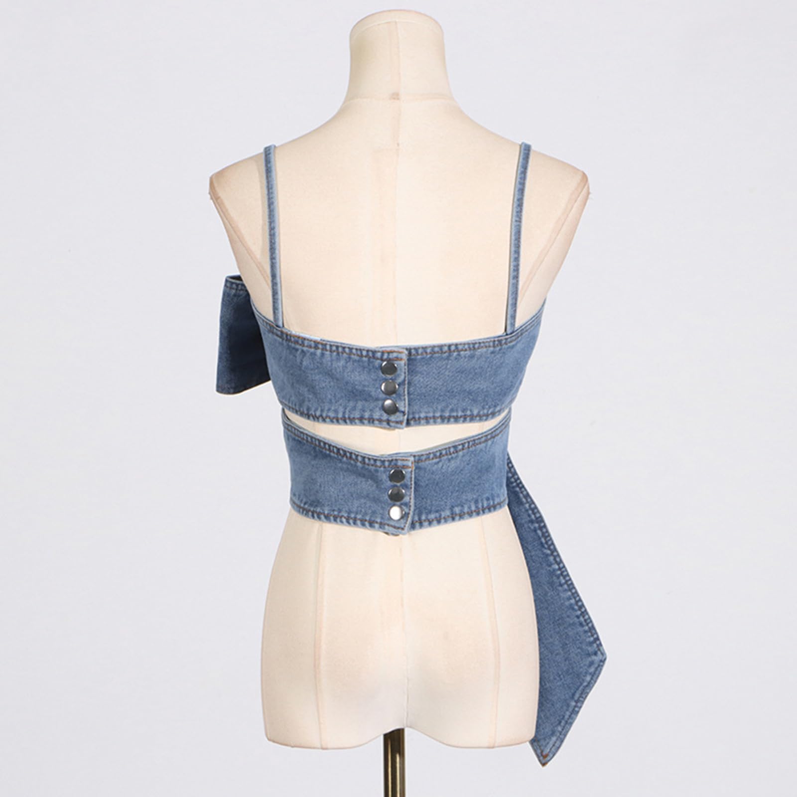 Canotte Corte Senza Maniche con Fiocco sul Davanti da Donna Canotte con Cinturino per Spaghetti in Denim Top A Fascia Sexy Bustier,Blu,XL
