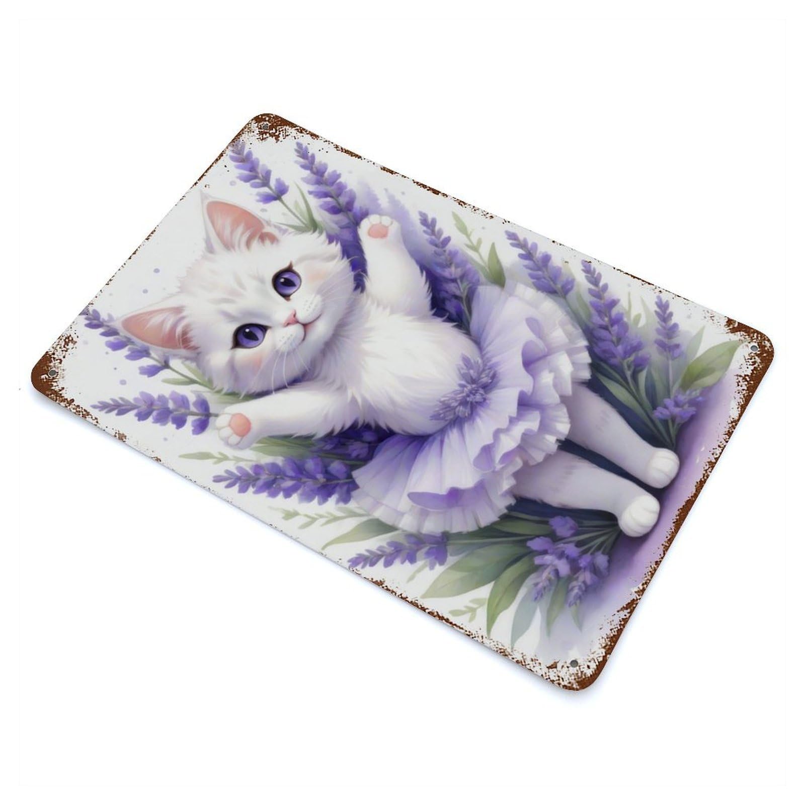 Distressed Metal Wall Sign with Cute White Cat Ballerina Design 11.8"x7.9", for Office, Studio And Wall Decor, Industrial Home Decor