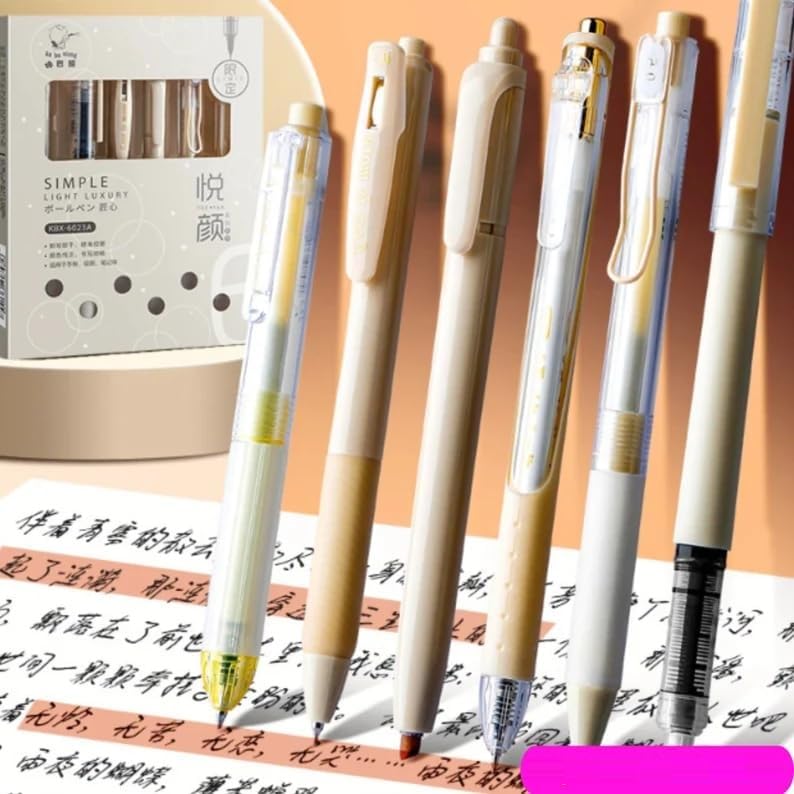Image of Alokik Minimal Aesthetic Gel Pen Set (6 Pack) - 4 Press Gel Pens, 1 Highlighter & 1 Straight Liquid Roller Blue Ink Pen, Smooth Writing Pens for Students, Office, Journaling & School Supplies