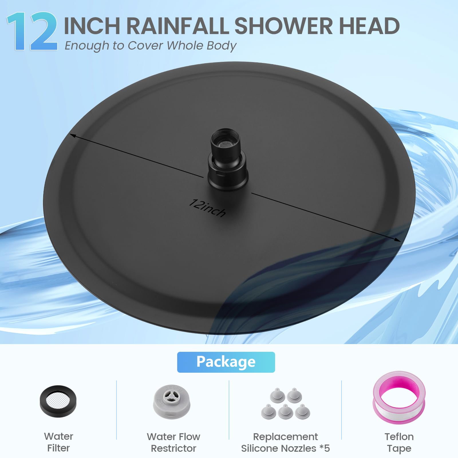 Soffione doccia a pioggia, 30,5 cm, in acciaio inox, con 120 ugelli in silicone, colore nero opaco