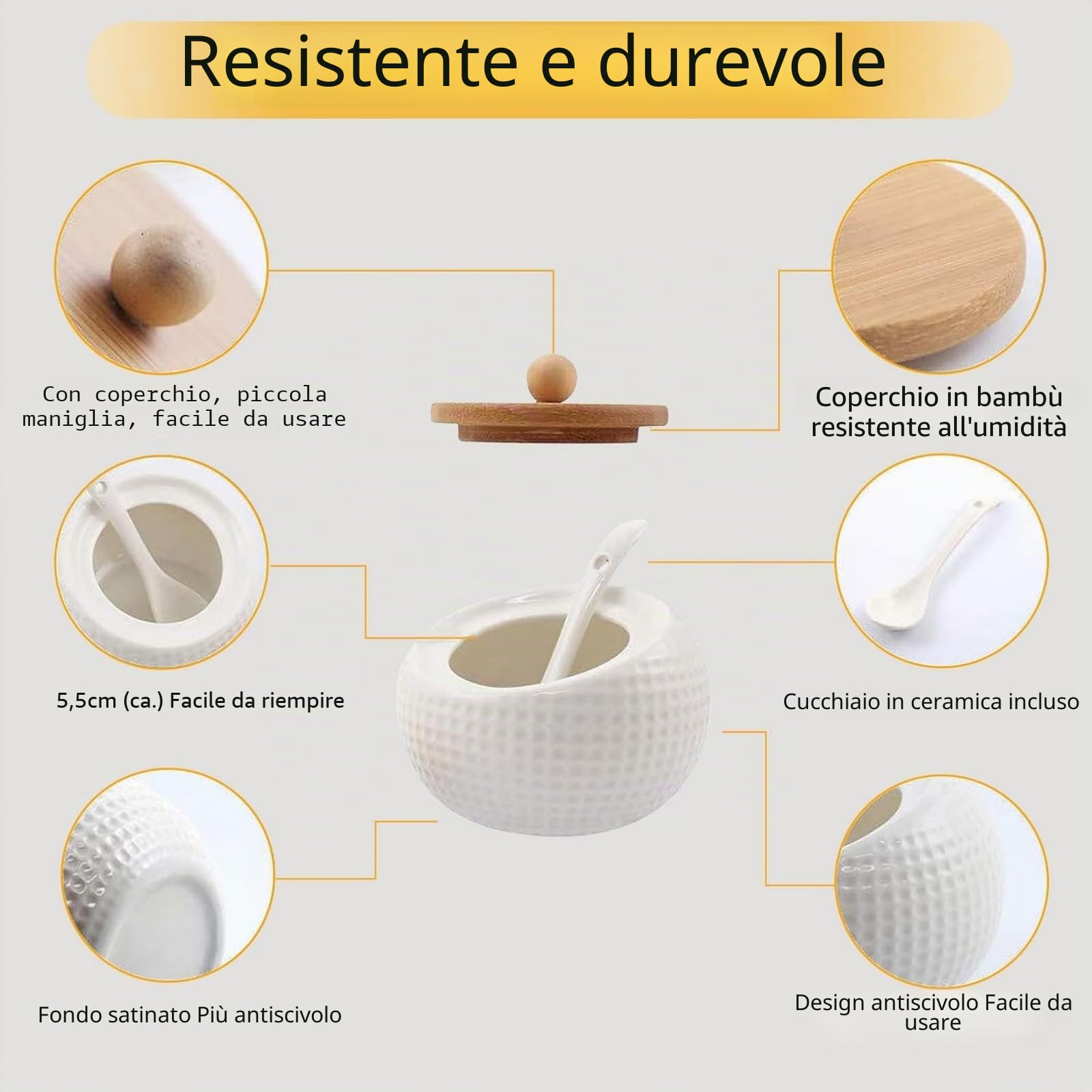Set di 3 barattoli per spezie in ceramica, con coperchio in bambù, cucchiaio e vassoio, 170 ml/6,4 oZ, contenitori per spezie, per conservare zucchero, sale, spezie, caffè