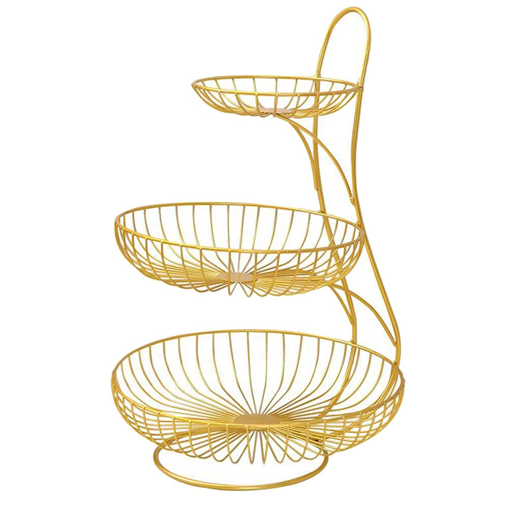 Fenteer Corbeille de Fruits en Métal Fil Paniers de Fruits Légumes Panier de Stockage de Fruits Fruits Panier de Fruits et Légumes de Stockage en Rack - Or 3 Niveau