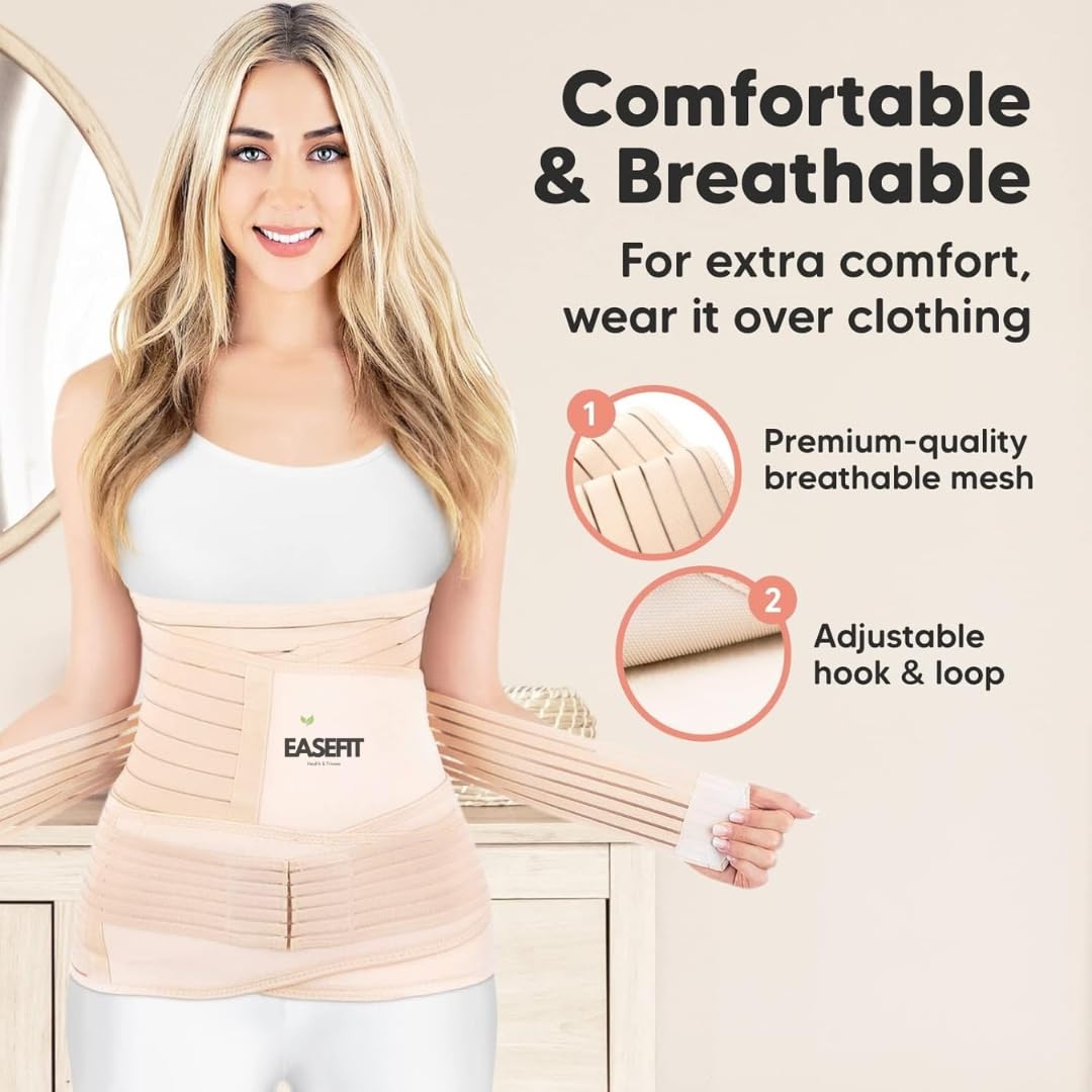 EASEFIT 3 in 1 Postpartum Belly Belt Abdominal Waist and Pelvis Support Slimming Shapewear for Tummy Control and Recovery Adjustable Fit 30 to 46 Inch Polyester and Spandex (Beige) 1
