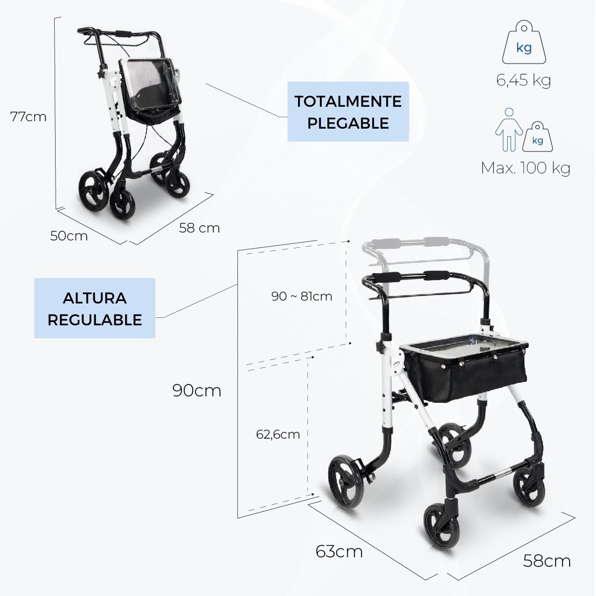 Mobiclinic®, Andador adulto, Estrecho, Olimpo, Aluminio, Plegable, Moderno, Con bolsa, Monomando, Regulable, Sistema subebordillos, Bandeja, Ruedas giratorias, Freno manual, Fácil manejo