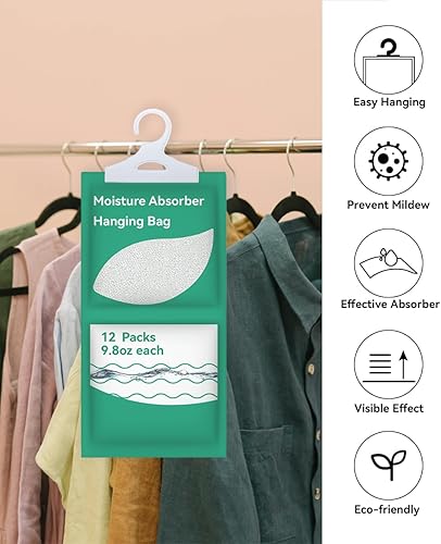 Miniatura 5 de Paquetes absorbentes de humedad, sin fragancia (paquete de 12), paquetes de humedad, bolsas deshumidificadoras colgantes de armario para colgar,