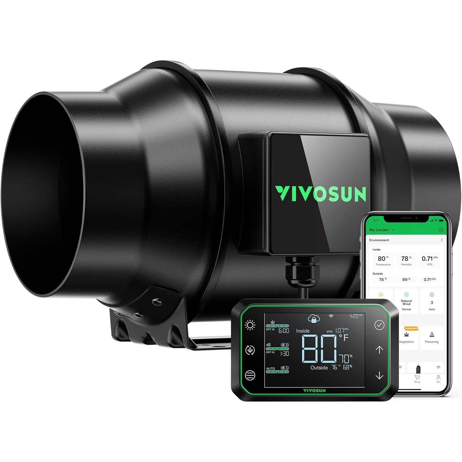VIVOSUN AeroZesh G6 Inline Duct Fan 6 inch/150 mm Quiet Extractor Fan 660 m³/h with EC Motor and GrowHub E42A WiFi Controller for Growbox, Cooling, Booster, Grow Tents, Hydroponics