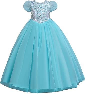 Amazon.com: Girls Wedding Dress Puff Sleeve Sparkle Sequin Princess ...