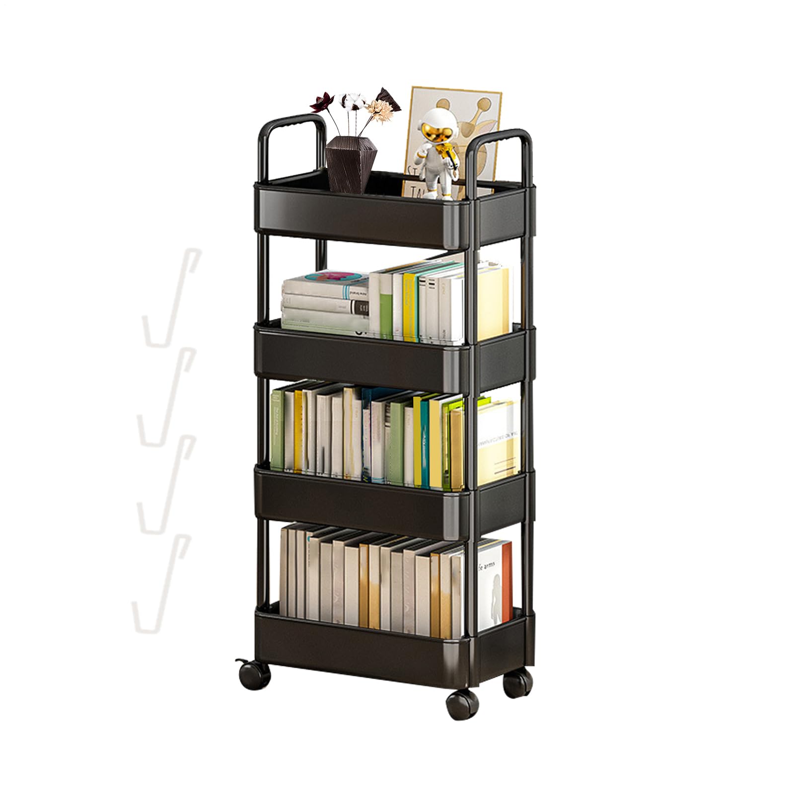 Organizador de almacenamiento para libros, estante con ruedas y ganchos, para aperitivos a 3/4 niveles, organizador de almacenamiento móvil para la organización de la m