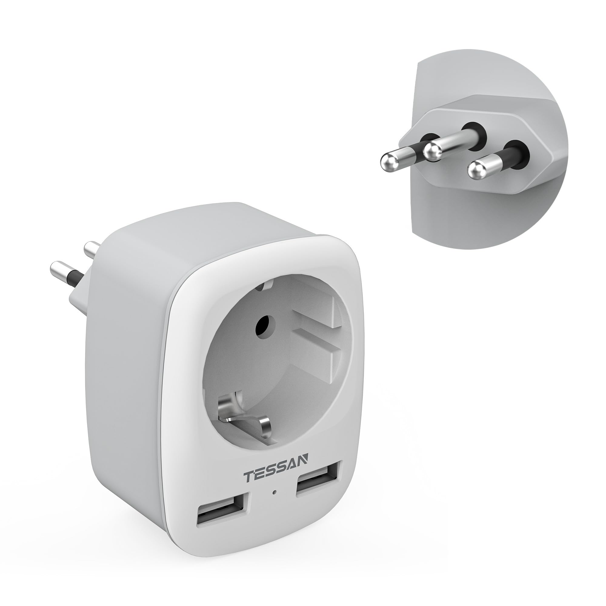 TESSAN 3 in 1 Adattatore Presa Brasile, Adattatore Brasile con 2 USB, Presa Tipo N Europa al Brasile, Sudafrica, Adattatore da Viaggio Tipo N con USB, Adattatore Spina Brasile
