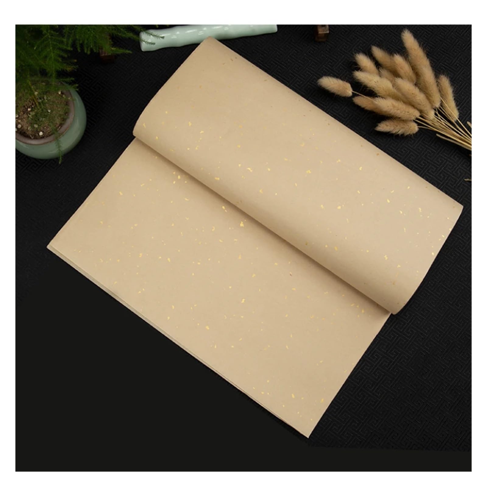 MIUYTRN Ręcznie robiona chińska złota folia pół dojrzały papier ryżowy kaligrafia krajobraz malarstwo tuszem papier ryżowy drzewo sandałowe kora Papier Papel cuicui(Gold foil white,34x138cm)