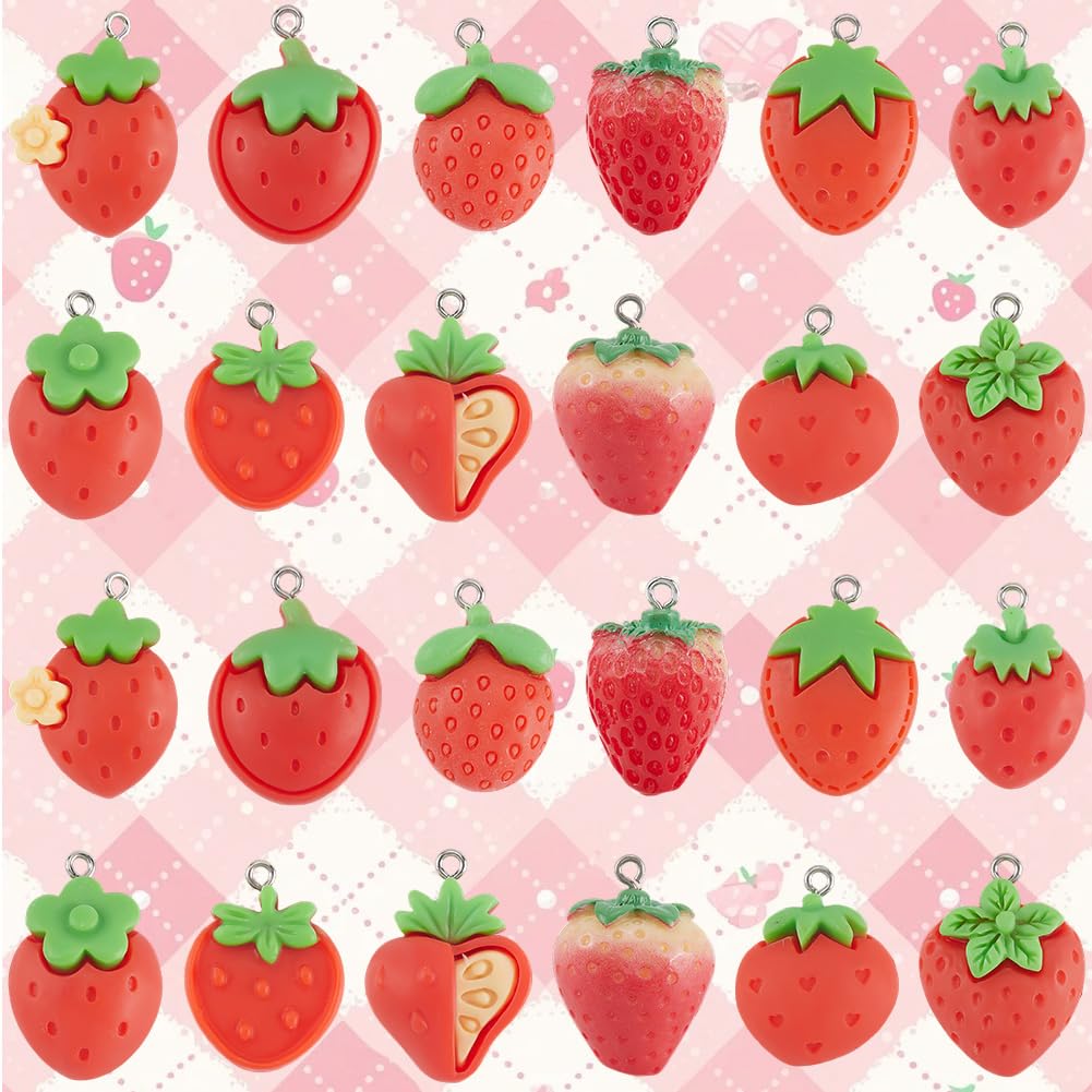 SUNNYCLUE Lot de 4 mini Breloques en Résine en Forme de Fraise Pendentifs en Résine 48pcs Opaques avec Boucles en Fer Platine pour Bracelets Colliers Boucles D'Oreilles Accessoires de Fabrication de