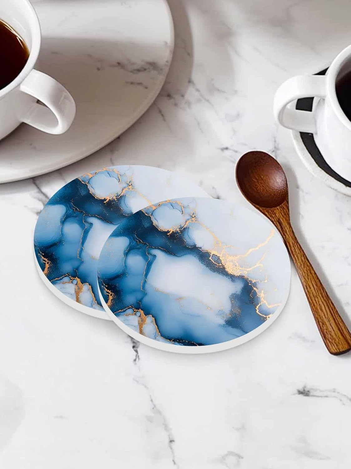 陶製コースター 円形 流線 抽象 青色 箔押し 水彩 吸水 4枚セット 直径10.3cm&times;厚さ0.6cm 速乾 杯垫 滑り止め 耐熱