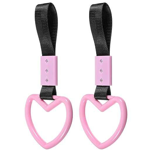 2Pcs Heart Shaped Car Handle Straps, Pink Car Accessories for Women, Drift Charm & Warning Keychain Ring for Cars Exterior Interior Decor