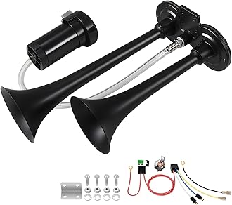 BANHAO Train Horn for Truck 150db Super Loud Truck Air Horn for Car with Compressor, Suitable for Any 12V Vehicles Train Car Ship Boat Lorry (12V, Black 2 tube horns with wire)