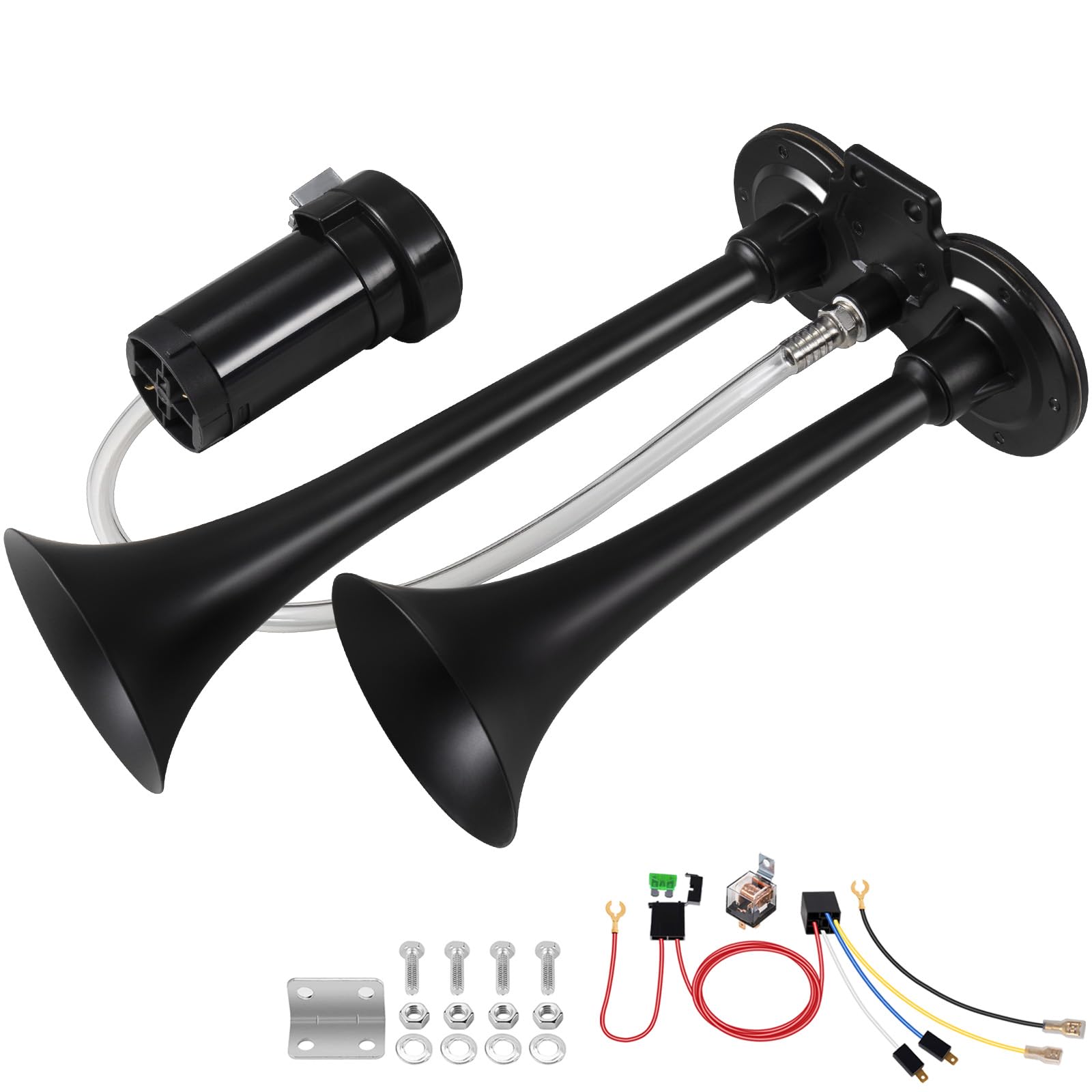 Train Horn for Truck 150db 12V,BANHAO Super Loud Truck Air Horn with Compressor, suitable for Any 12V Vehicles Train Car Ship Boat Lorry, 17 Inches (12V, Black 2 tube horns with wire)