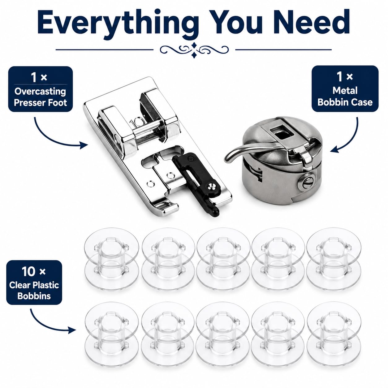 Zenith Combo of Overcasting/Overlock Pressure Foot, 10 Plastic Bobbins, Bobbin case Compatible with Domestic Automatic Front Loading Electric Sewing Machines Compatible with Usha Janome, Singer — Amazon image 3