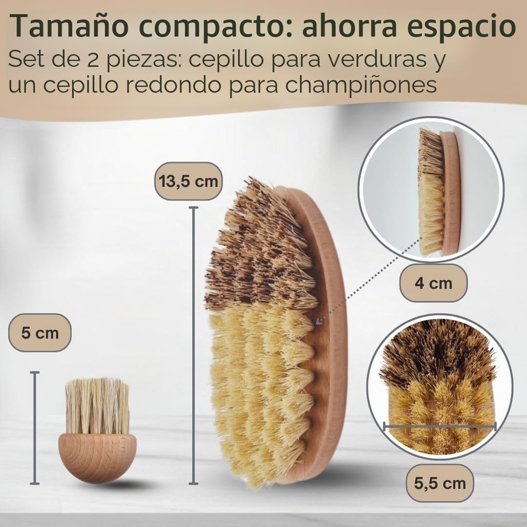 Juego de 2 cepillos para verduras y champiñones de madera de haya, cepillos de limpieza sostenibles para verduras y hongos, robustos, duraderos y respetuosos con el medio ambiente