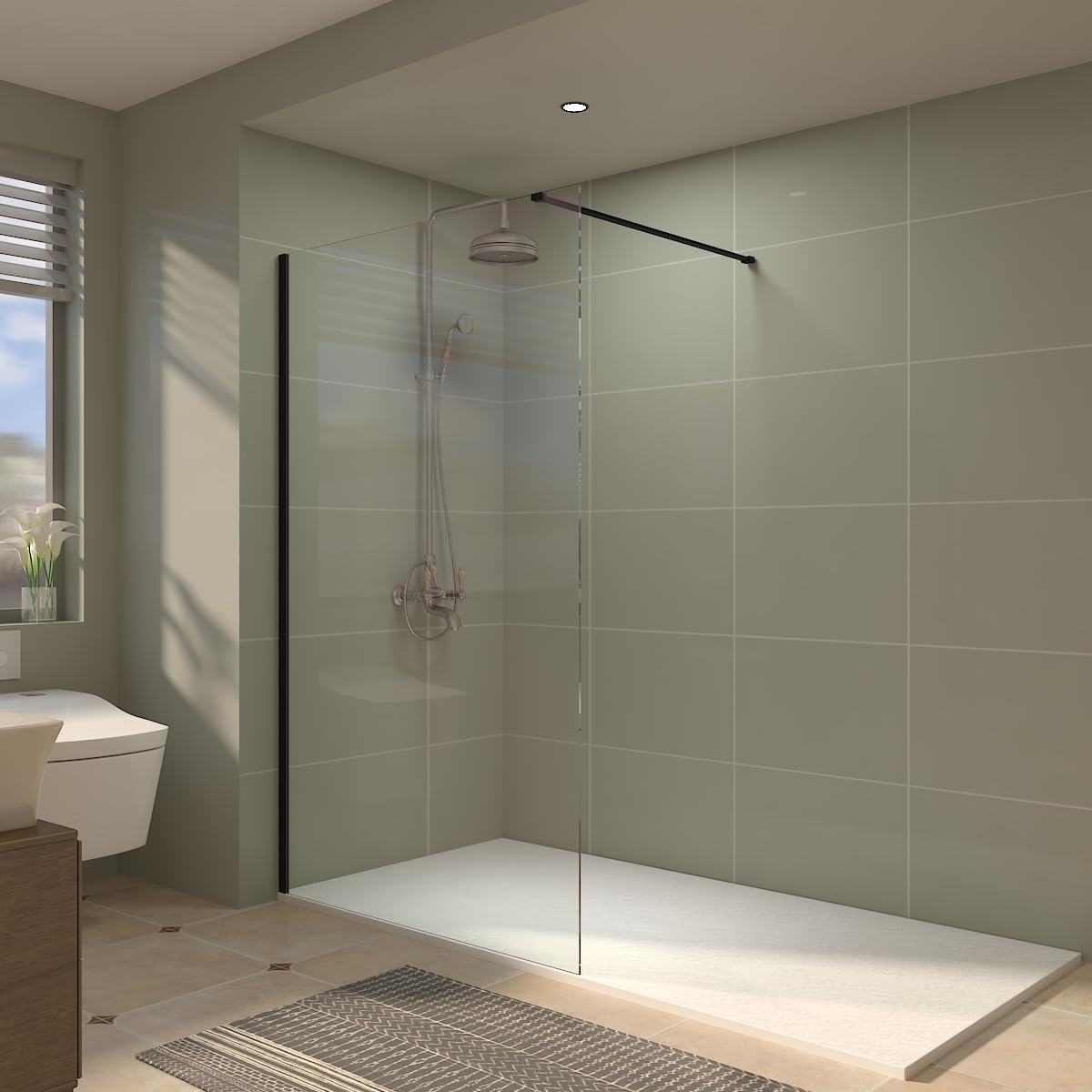 Aquariss Black With Clear Glass 1100Mm Black Framed Walkin Shower Screen 8Mm Safety Clear Shower Glass Door Panel Reversible Easy Clean Wetroom Shower Enclosure Cubicle
