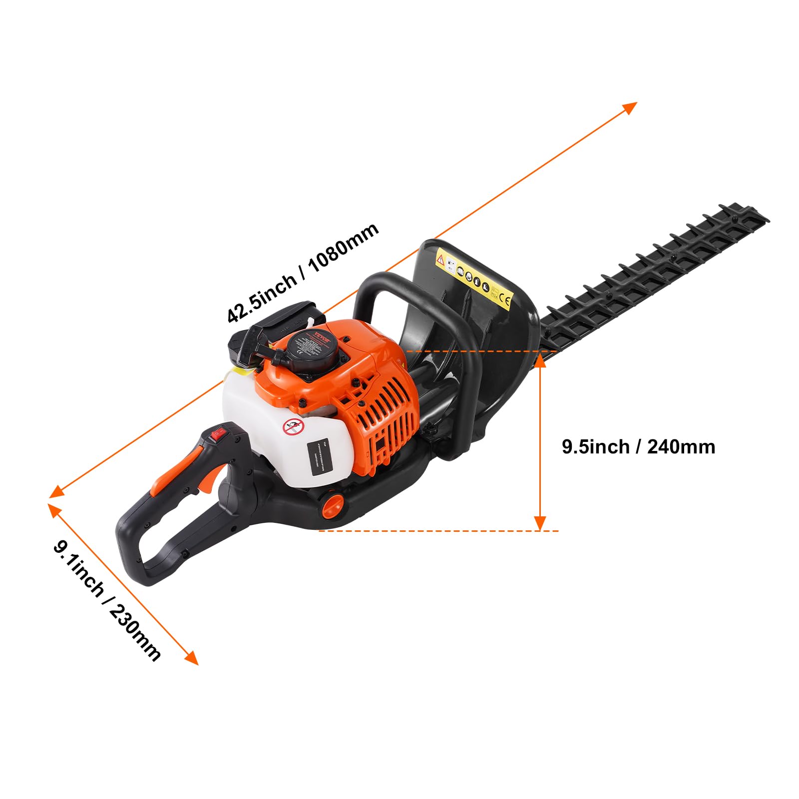 VEVOR Cortasetos de Gasolina Tanque de 0,54 L Cortasetos de Gasolina 26CC 2 Tiempos con Pértiga y Cuchilla Cabezal de Corte Ajustable a 180° Adecuado para Podar Arbustos Bajos, Ramas Bajas