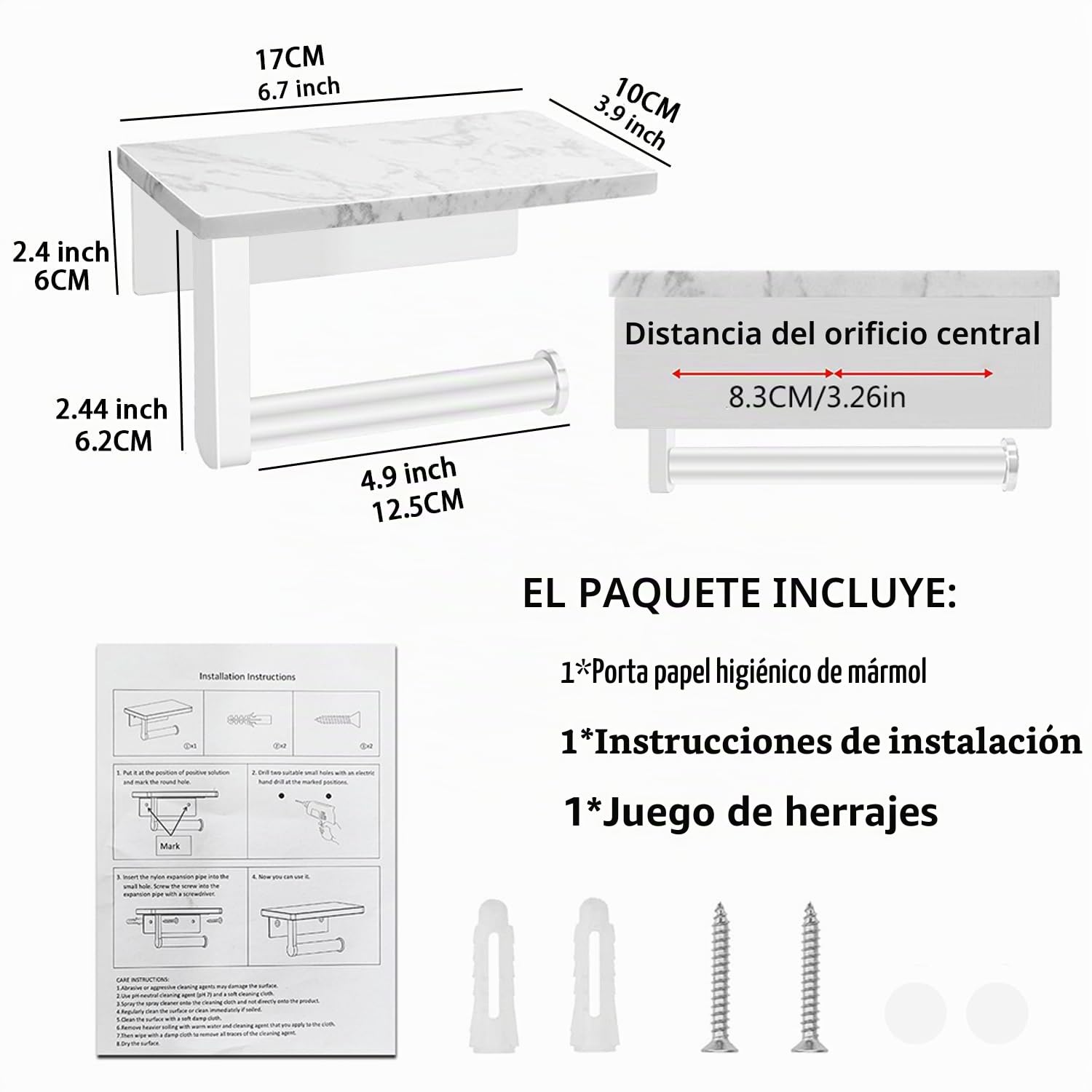 Portarrollos Papel Higiénico Sin Taladrar de Aceros Inoxidables，Soporte de Papel con Estante de Mármol Autoadhesivo Portarrollos de Pared，Modernidad Portarrollos para Baño Cocina(Blanco)