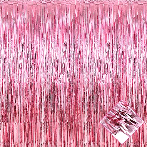 Image of 4 Pack 3.2Ft x 8.2Ft Pink Foil Fringe Curtain Backdrop, Metallic Tinsel Foil Fringe Streamers Curtains Background for Photo Booth, Birthday, Wedding, Halloween, Christmas Party Decoration