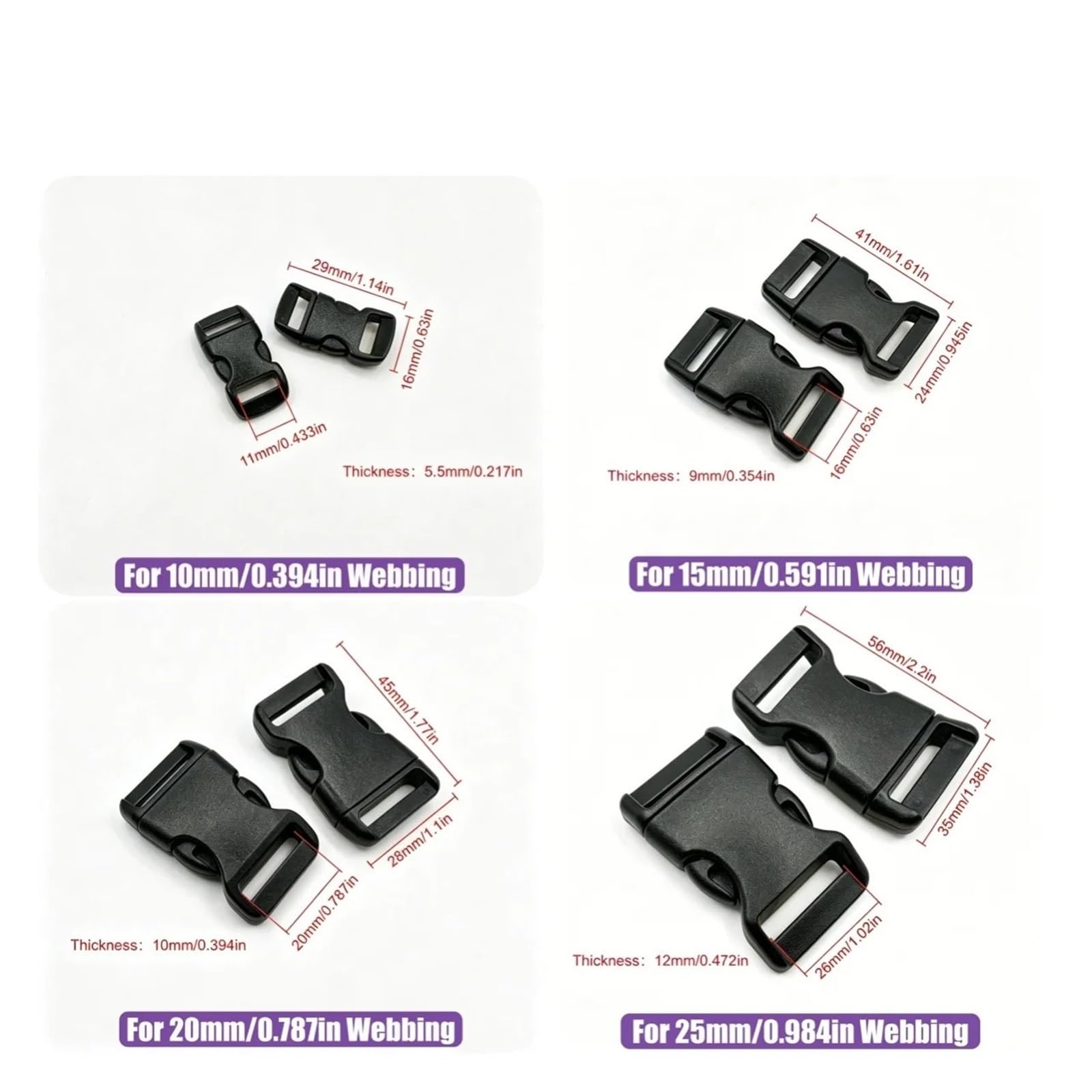 Schnallen und Clips für Rucksäcke 13-100 Stück mehrfarbige Kunststoff-Seitenverschlussschnallen 3/8"-1" for Haustierhalsbänder, Rucksack, DIY