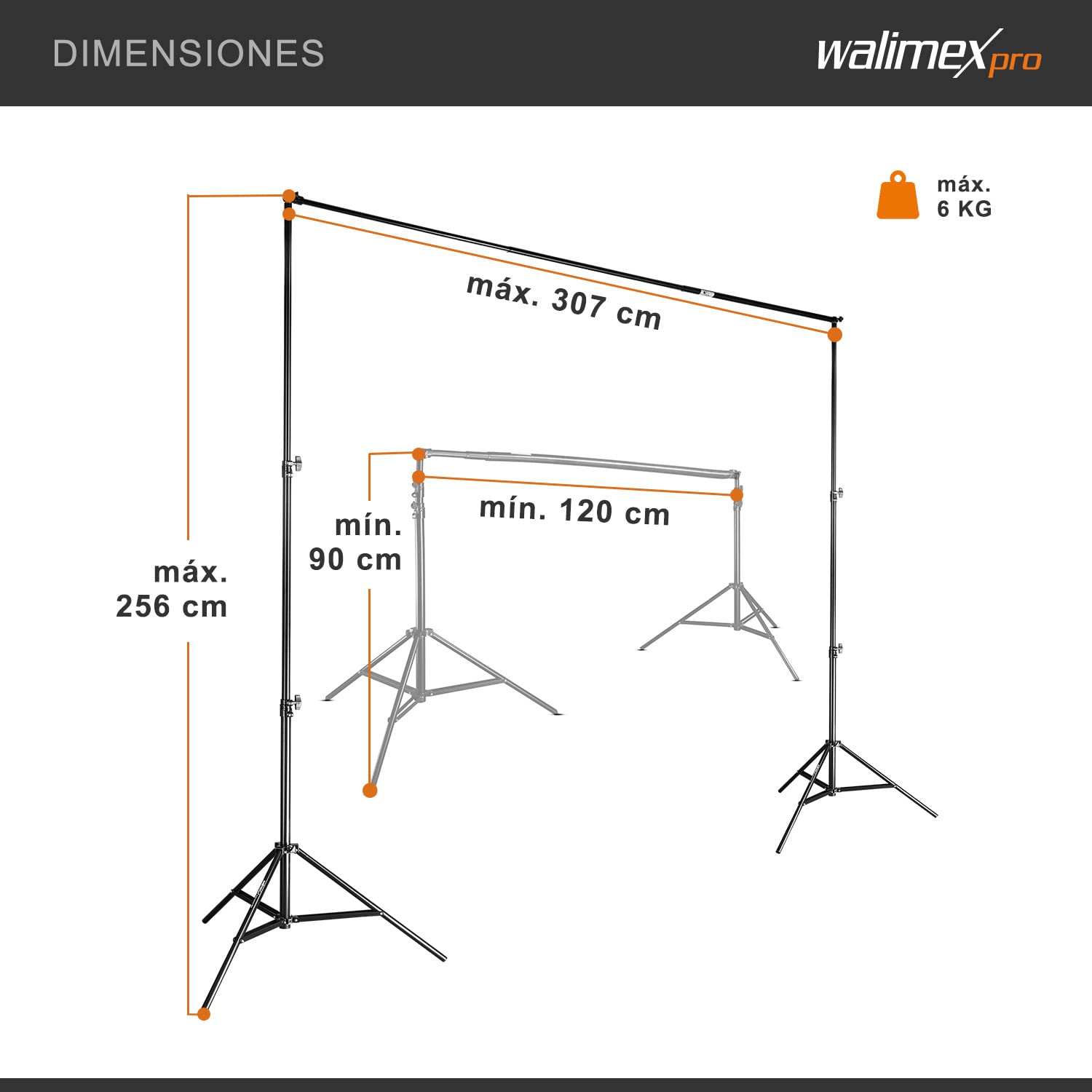 Walimex pro telescopio sistema de fondo L 120-307 cm - sistema de fondo fotográfico estable para estudio y móvil, para fotografía, vídeo y pantalla verde, altura 102-256 cm
