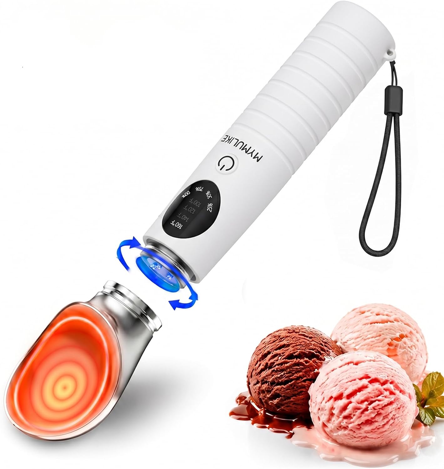 Rechargeable Heated Ice Cream Scoop, Detachable Electric Ice Cream Scooper | 4 Temp & Battery Indicator, IPX6 Waterproof Dishwasher Safe Scoop for Hard Frozen Ice Cream, Sorbet, Home Party & Gift